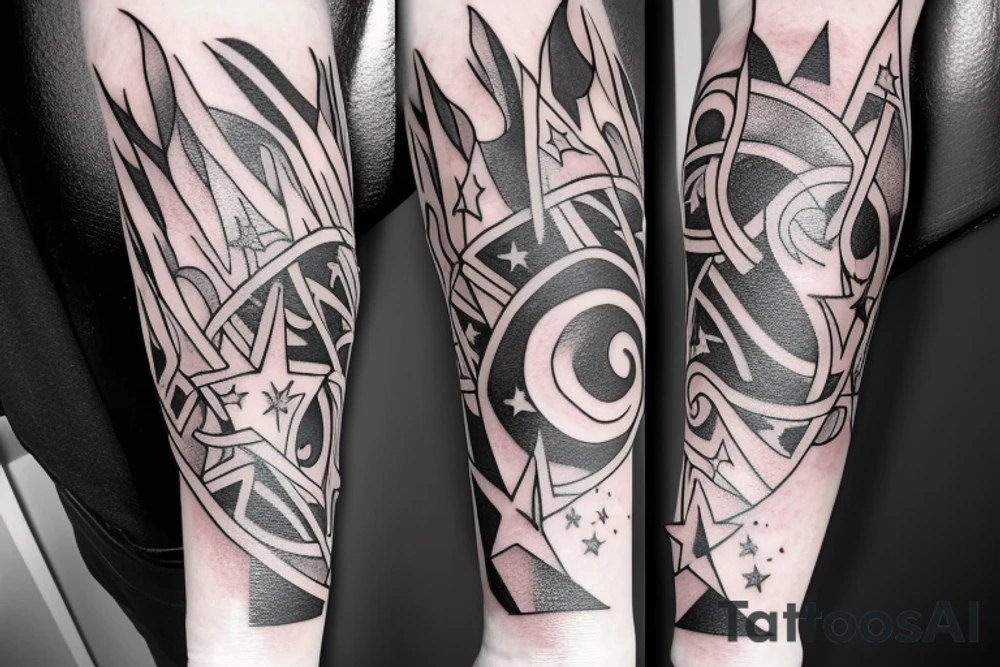 flames at the hand burning towards my wrist fading in to stars my for arm than lots of paw and stars and music notes this is a sleeve a full sleeve not patch work try again tattoo idea