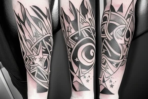 flames at the hand burning towards my wrist fading in to stars my for arm than lots of paw and stars and music notes this is a sleeve a full sleeve not patch work try again tattoo idea