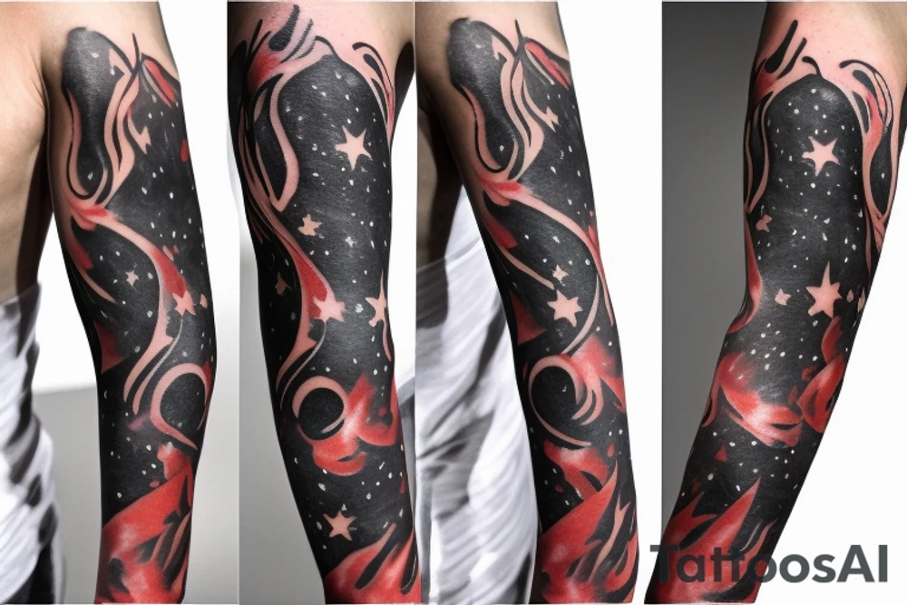 flames at the hand burning towards my wrist fading in to stars my for arm than lots of paw and stars and music notes this is a sleeve a full sleeve not patch work try again tattoo idea