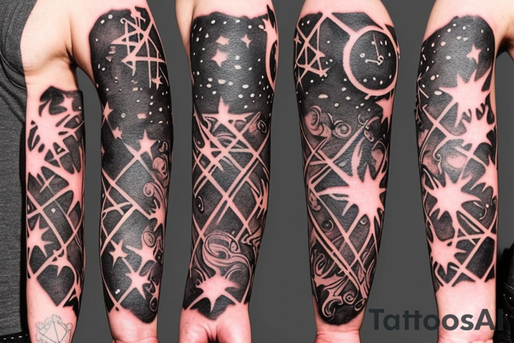 flames at the hand burning towards my wrist fading in to stars my for arm than lots of paw and stars and music notes this is a sleeve a full sleeve not patch work try again tattoo idea