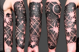flames at the hand burning towards my wrist fading in to stars my for arm than lots of paw and stars and music notes this is a sleeve a full sleeve not patch work try again tattoo idea