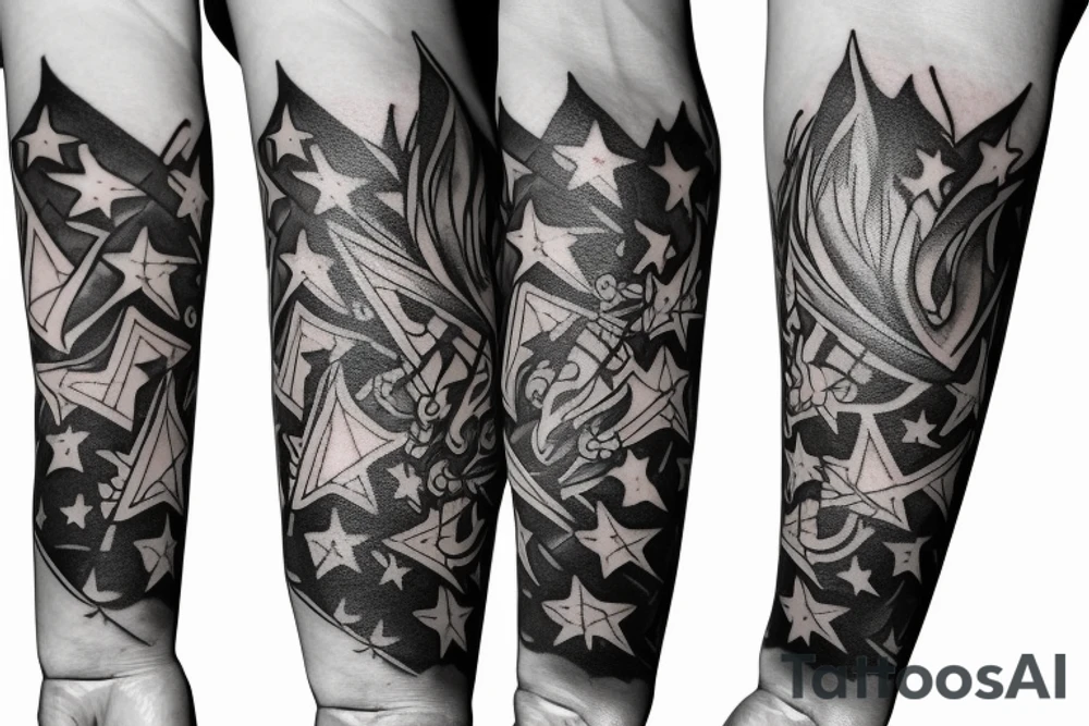 flames at the hand burning towards my wrist fading in to stars my for arm than lots of paw and stars and music notes this is a sleeve a full sleeve not patch work try again tattoo idea