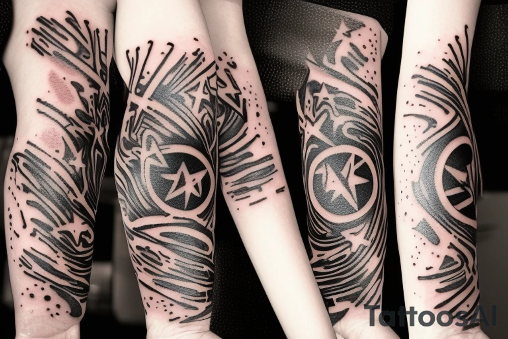 flames at the hand burning towards my wrist fading in to stars my for arm than lots of paw and stars and music notes this is a sleeve a full sleeve not patch work try again tattoo idea