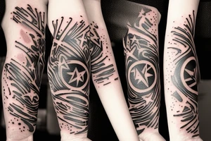 flames at the hand burning towards my wrist fading in to stars my for arm than lots of paw and stars and music notes this is a sleeve a full sleeve not patch work try again tattoo idea