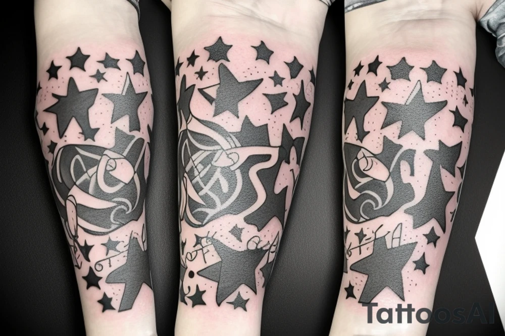 flames at the hand burning towards my wrist fading in to stars my for arm than lots of paw and stars and music notes this is a sleeve a full sleeve not patch work try again tattoo idea