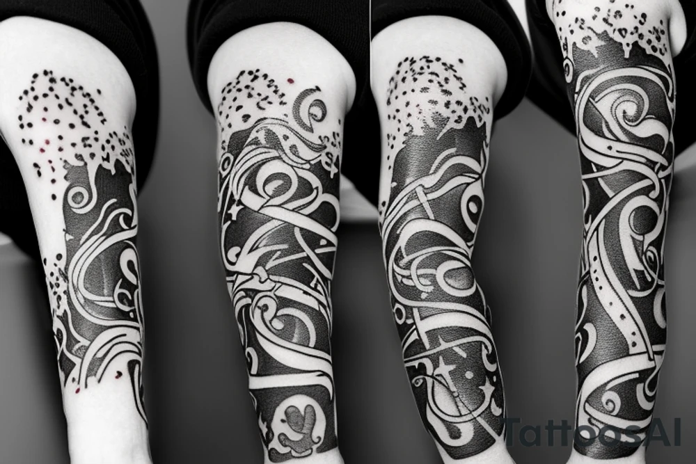 flames at the hand burning towards my wrist fading in to stars my for arm than lots of paw and stars and music notes this is a sleeve a full sleeve not patch work try again tattoo idea