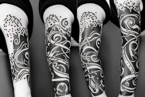 flames at the hand burning towards my wrist fading in to stars my for arm than lots of paw and stars and music notes this is a sleeve a full sleeve not patch work try again tattoo idea