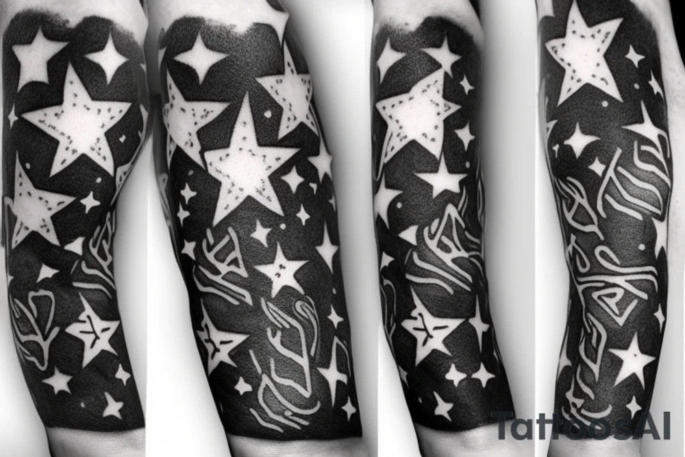 flames at the hand burning towards my wrist fading in to stars my for arm than lots of paw and stars and music notes this is a sleeve a full sleeve not patch work try again tattoo idea