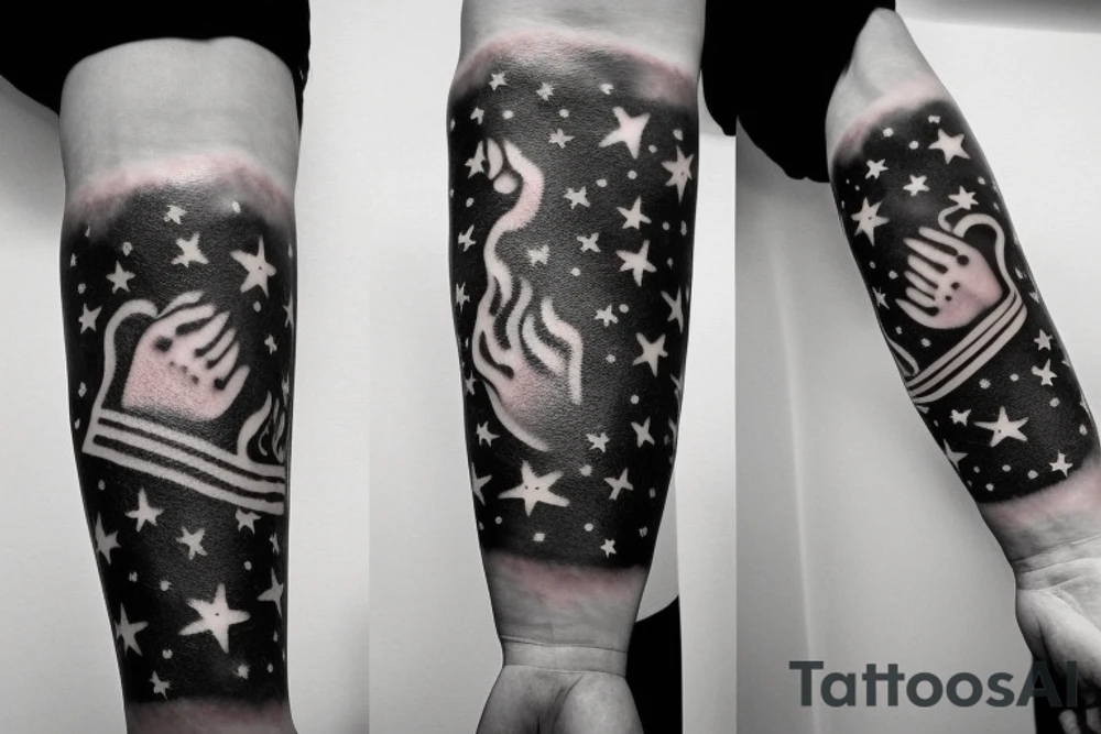 flames at the hand burning towards my wrist fading in to stars my for arm than lots of paw and stars and music notes this is a sleeve a full sleeve not patch work try again tattoo idea