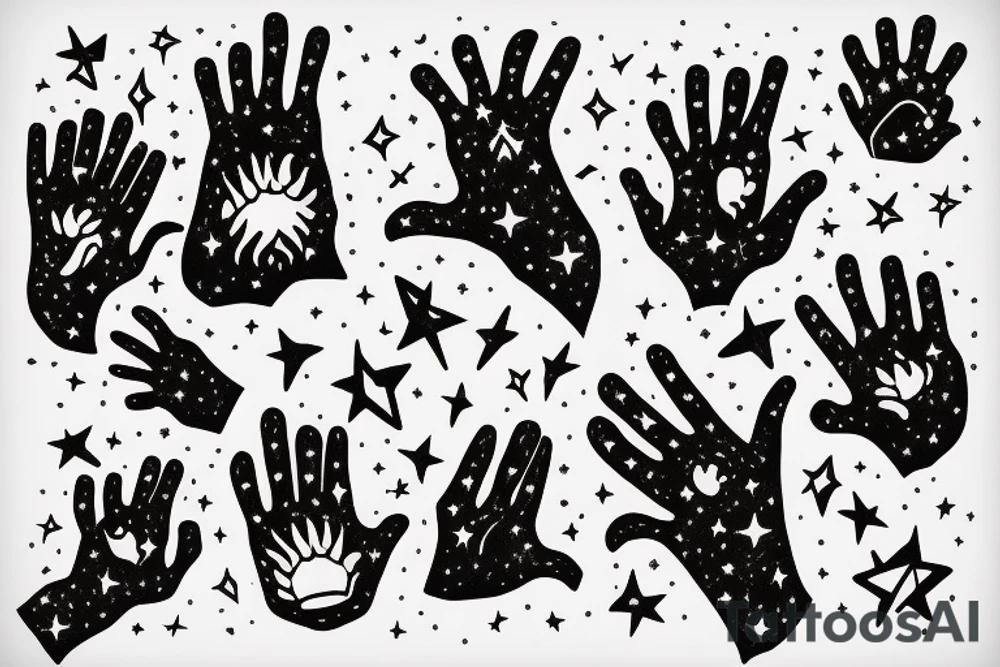 flames at the hand burning towards my wrist fading in to stars my for arm than lots of paw and stars and music notes this is a sleeve a full sleeve not patch work try again tattoo idea