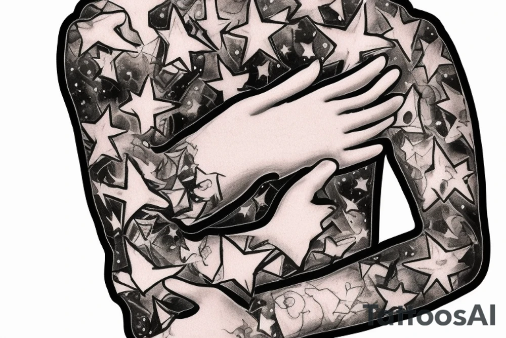 flames at the hand burning towards my wrist fading in to stars my for arm than lots of paw and stars and music notes this is a sleeve a full sleeve not patch work try again tattoo idea