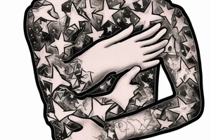 flames at the hand burning towards my wrist fading in to stars my for arm than lots of paw and stars and music notes this is a sleeve a full sleeve not patch work try again tattoo idea