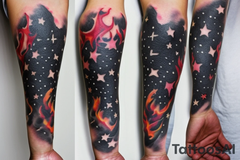 flames at the hand burning towards my wrist fading in to stars my for arm than lots of paw and stars and music notes this is a sleeve a full sleeve not patch work try again tattoo idea