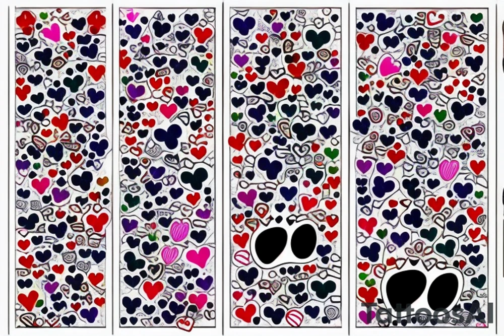 lots of basic stars and hearts and music notes and kitty paw prints and 2 larger paw prints done in full color with lots of color and full left arm 
music notes tattoo idea