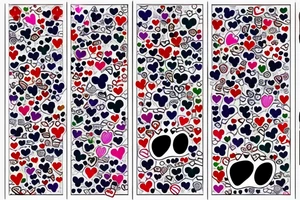 lots of basic stars and hearts and music notes and kitty paw prints and 2 larger paw prints done in full color with lots of color and full left arm 
music notes tattoo idea