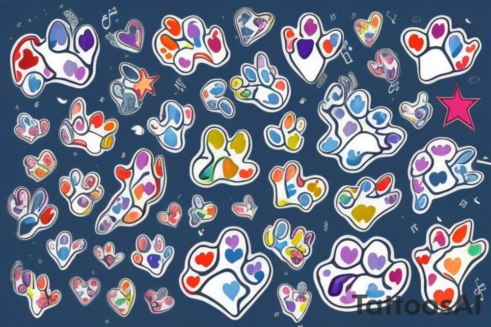 lots of basic stars and hearts and music notes and kitty paw prints and 2 larger paw prints done in full color with lots of color and full left arm 
music notes this is tenable tattoo idea