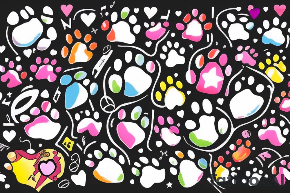 lots of basic stars and hearts and music notes and kitty paw prints and 2 larger paw prints done in full color with lots of color and full left arm 
music notes this is tenable tattoo idea