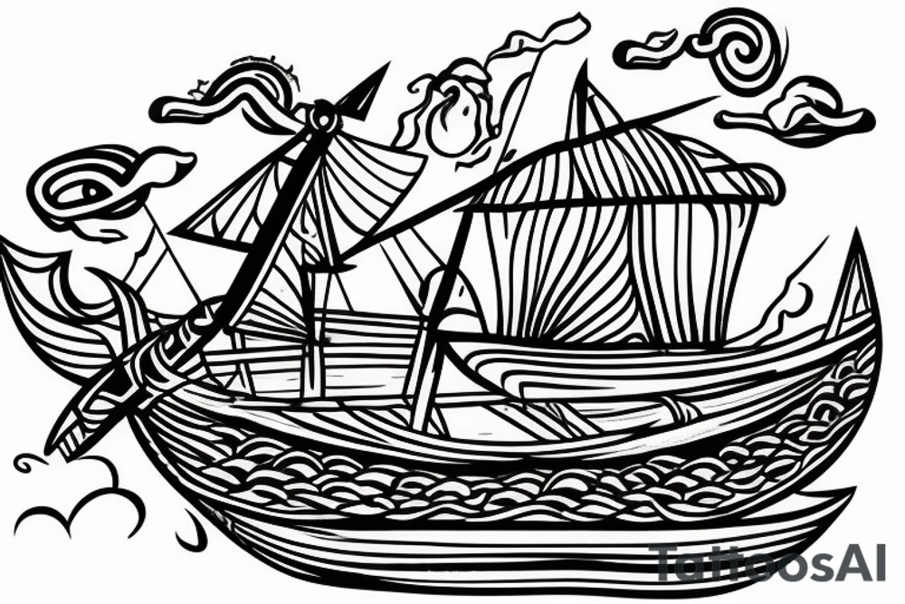 viking ship sailing away from shore on fire tattoo idea