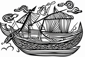 viking ship sailing away from shore on fire tattoo idea