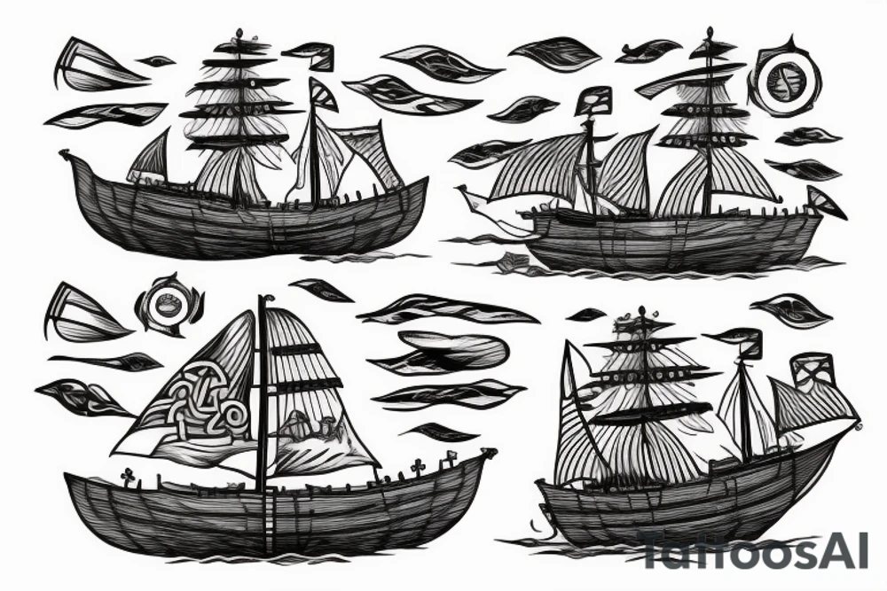 viking ship sailing away from shore on fire tattoo idea