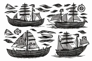 viking ship sailing away from shore on fire tattoo idea