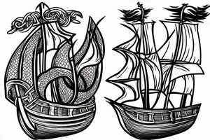 viking ship sailing away from shore on fire tattoo idea