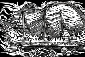 viking ship sailing away from shore on fire tattoo idea