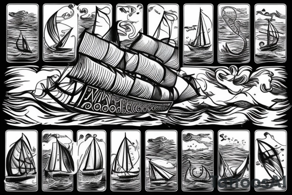 viking ship sailing away from shore on fire tattoo idea