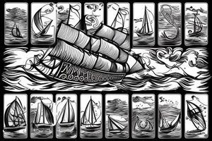 viking ship sailing away from shore on fire tattoo idea