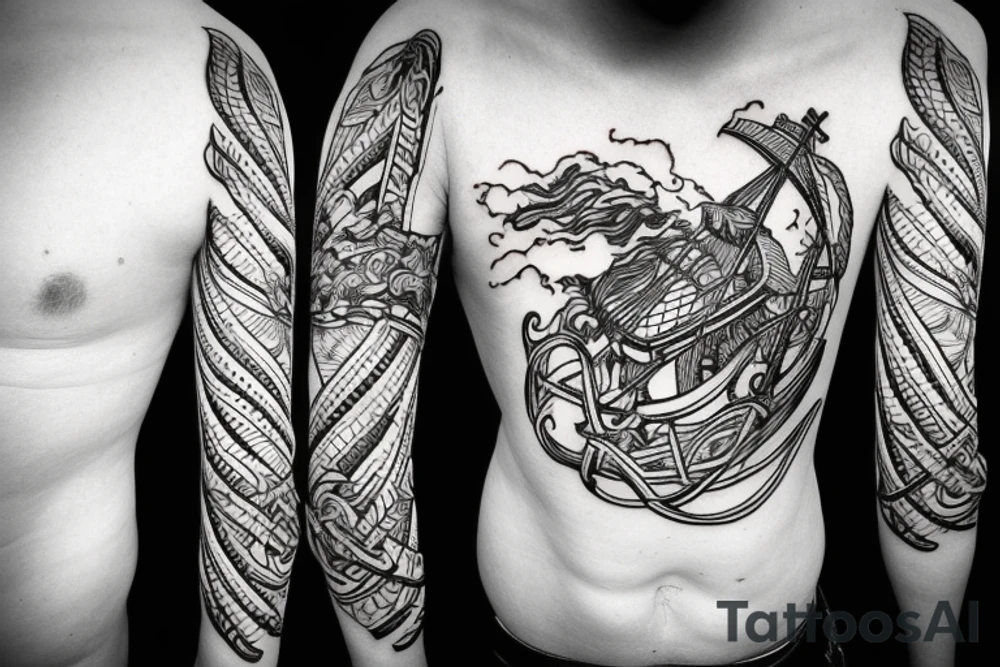 viking ship sailing away from shore on fire tattoo idea