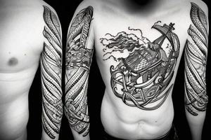 viking ship sailing away from shore on fire tattoo idea