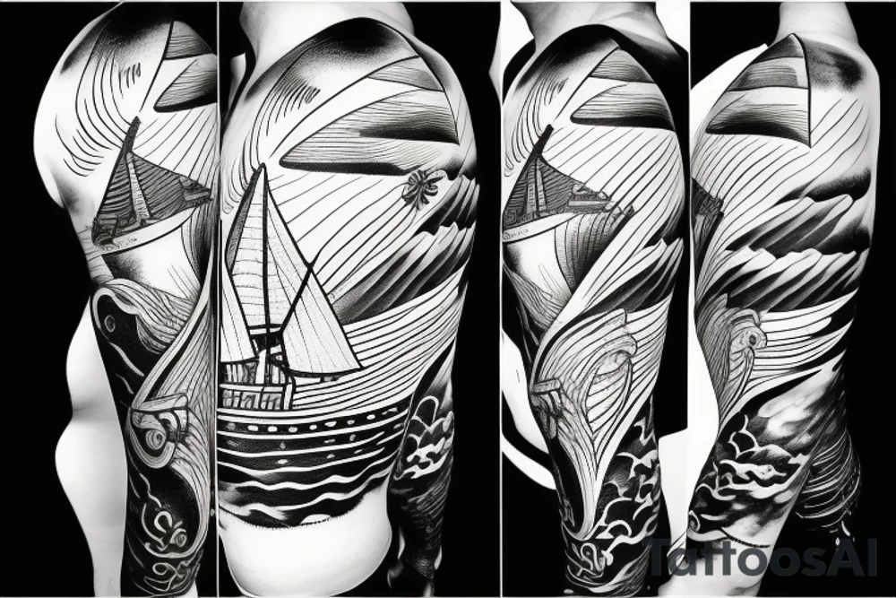 viking ship sailing away from shore on fire tattoo idea