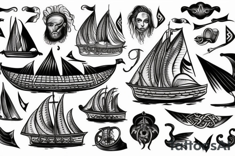 viking ship sailing away from shore on fire tattoo idea