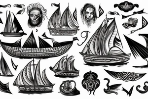 viking ship sailing away from shore on fire tattoo idea