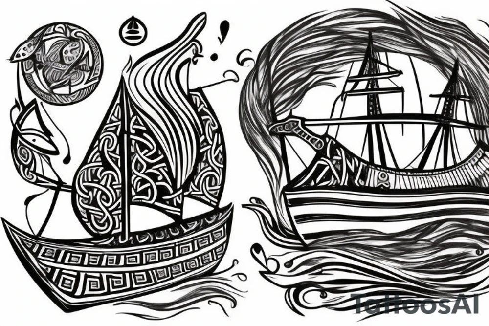 viking ship sailing away from shore on fire tattoo idea