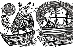 viking ship sailing away from shore on fire tattoo idea