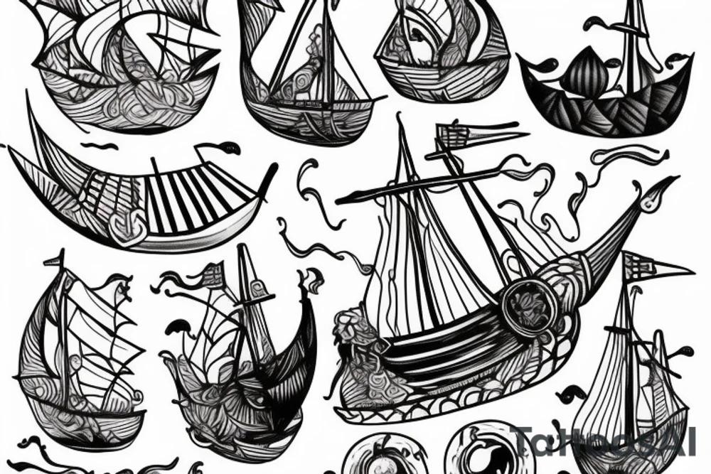 viking ship sailing away from shore on fire tattoo idea