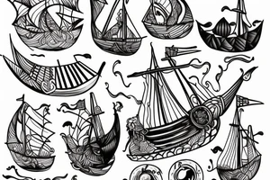 viking ship sailing away from shore on fire tattoo idea
