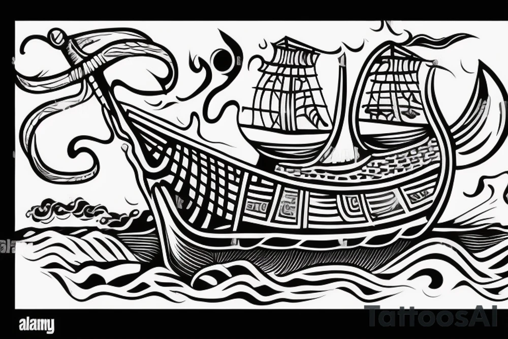 viking ship sailing away from shore, the shore is on fire tattoo idea