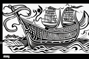 viking ship sailing away from shore, the shore is on fire tattoo idea