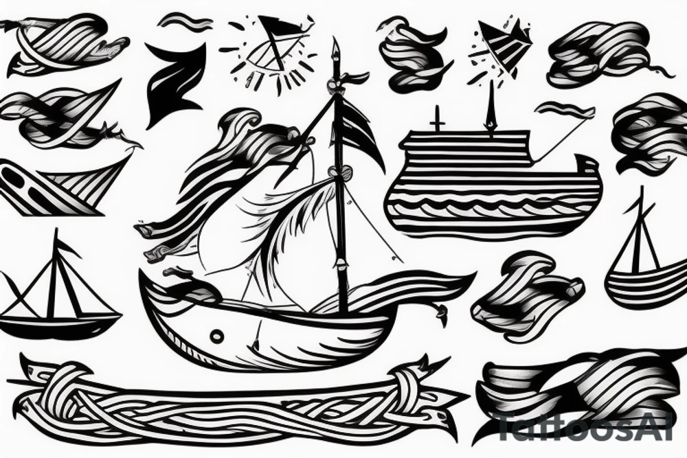 viking ship sailing away from shore, the shore is on fire tattoo idea