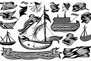 viking ship sailing away from shore, the shore is on fire tattoo idea