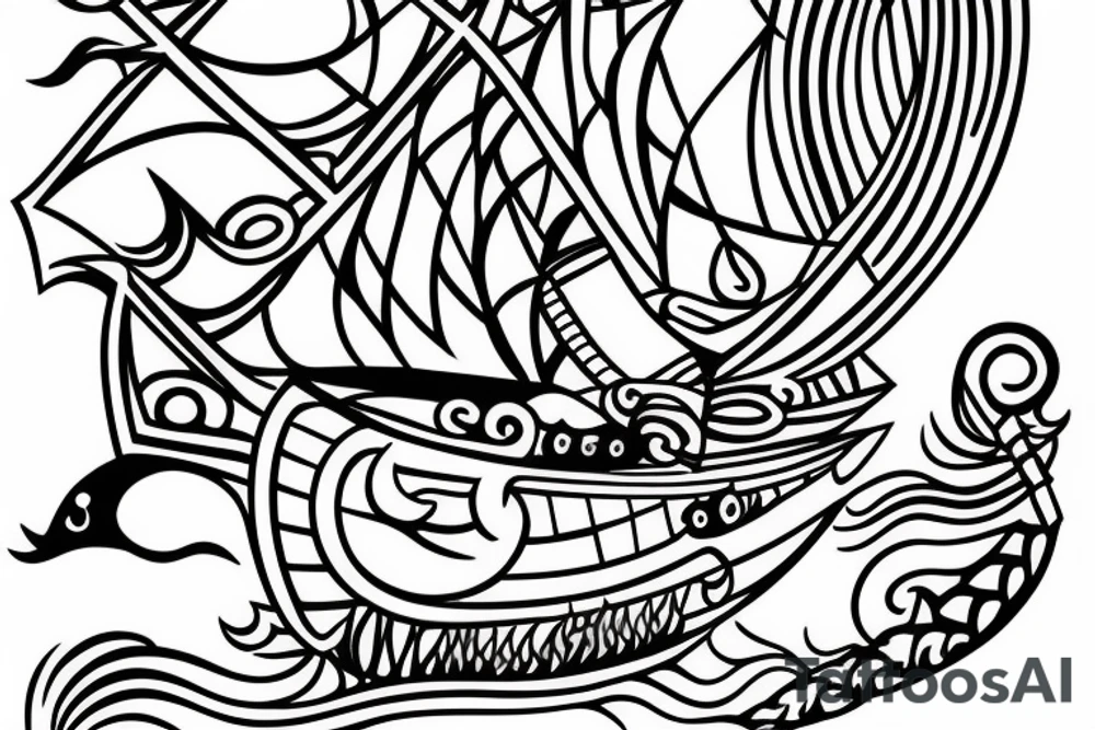 viking ship sailing away from shore, the shore is on fire tattoo idea