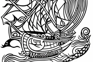 viking ship sailing away from shore, the shore is on fire tattoo idea