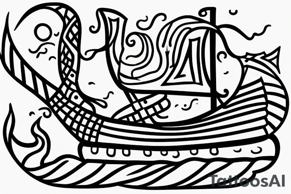 viking ship sailing away from shore, the shore is on fire tattoo idea