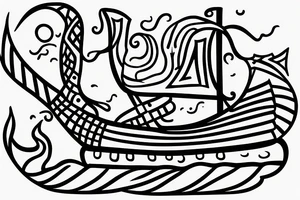 viking ship sailing away from shore, the shore is on fire tattoo idea