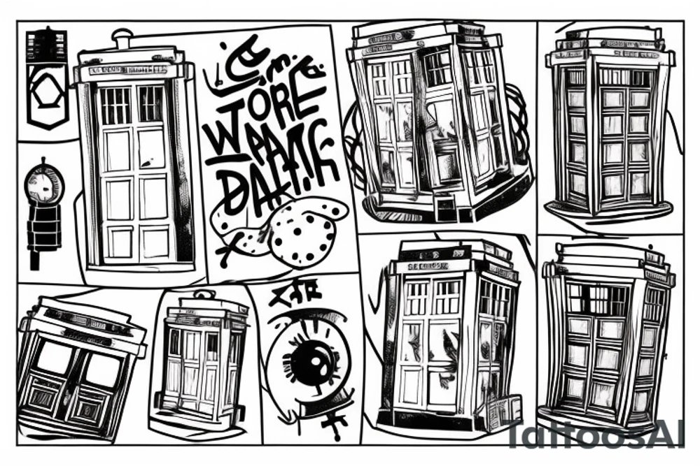 TARDIS with Don't Panic in white graffiti on the side. Hitch hiker sticking thumb out tattoo idea
