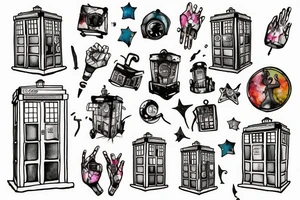 TARDIS with Don't Panic in white graffiti on the side. Hitch hiker sticking thumb out tattoo idea