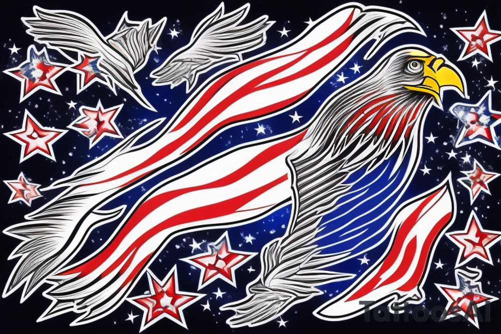 Red white and blue eagle flying in a star filled sky tattoo idea