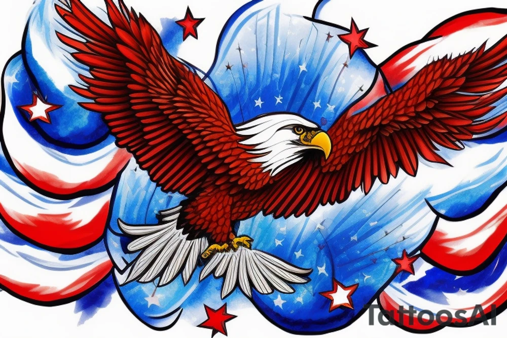 Red white and blue eagle flying in a star filled sky tattoo idea